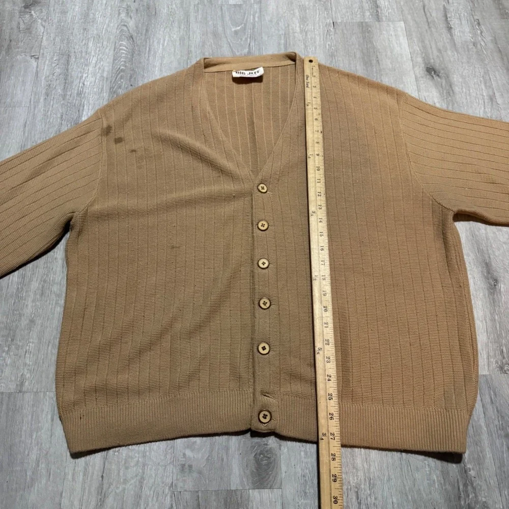 Vintage Big Jeff Lord Jeff Tan Ribbed Cardigan Sweater Mens 2XL Made USA Orlon
